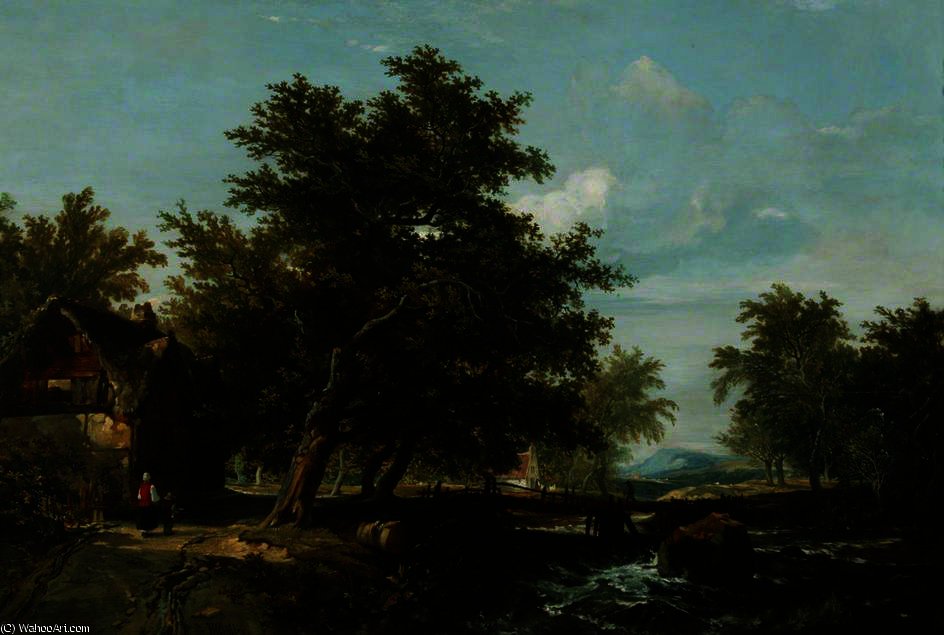 Landscape - Cottage, Trees, A Stream And Distant Hills — Уильям Джеймс Мюллер