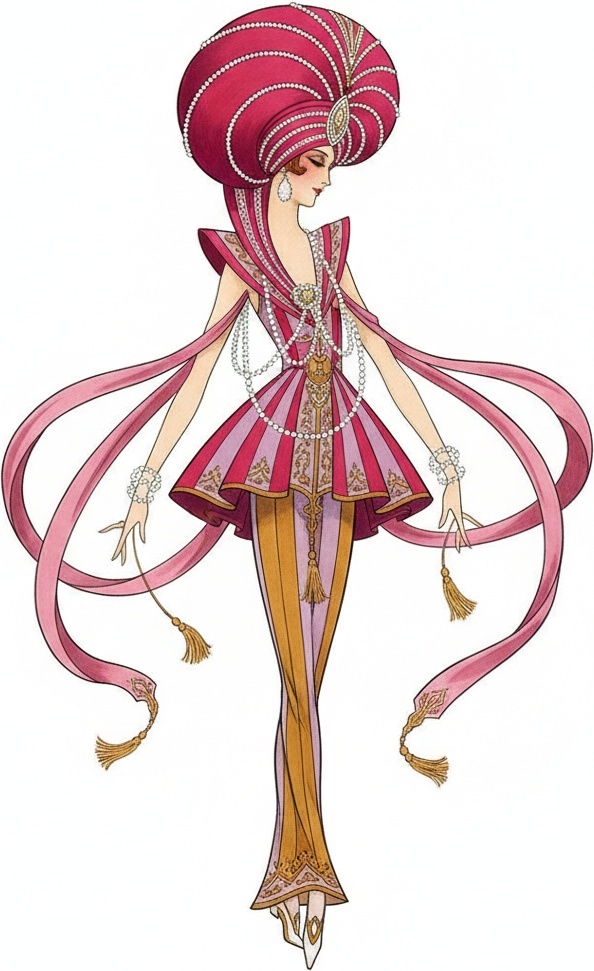 Magenta Turban And Cascading Pearl Sashes In Gold Thread — Valentin Laurent De Courcey