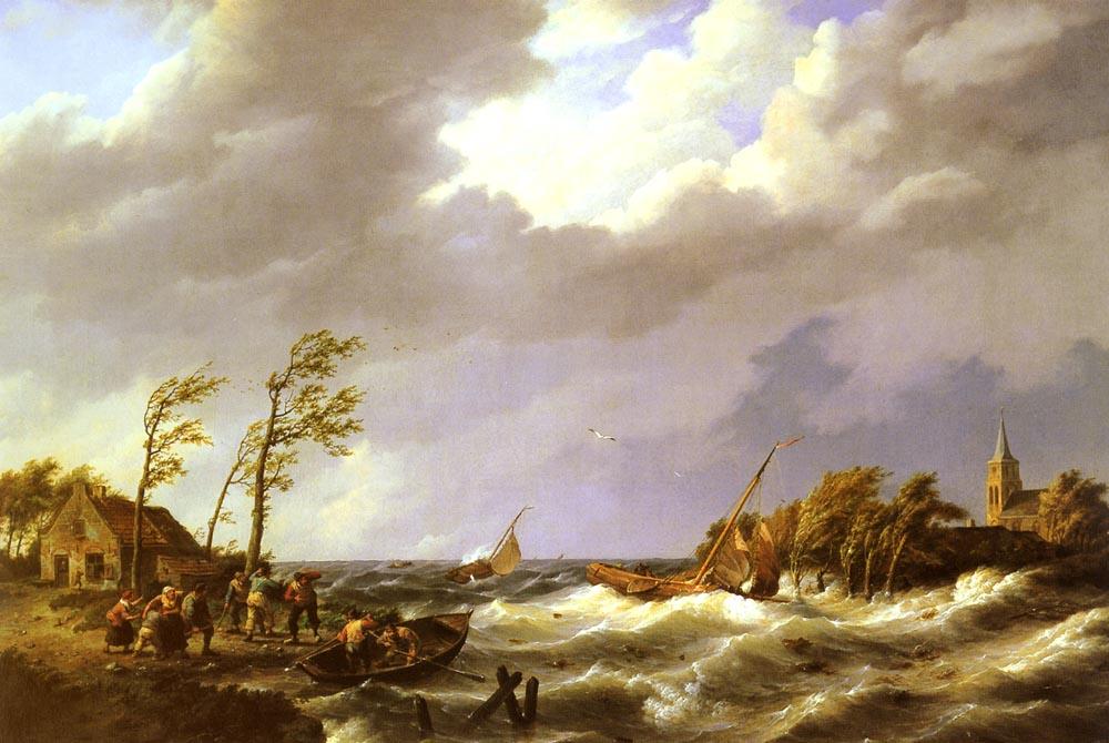 Dutch Fishing Vessel Caught On A Lee Shore With Villagers And A Rescue Boat In The Foreground — Johannes Hermann Barend Koekkoek