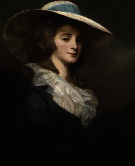 Portrait Of Lady Herries, Half-length, In A Grey Dress And White Collar, With A Wide-brimmed White Hat With A Blue Ribbon — George Romney