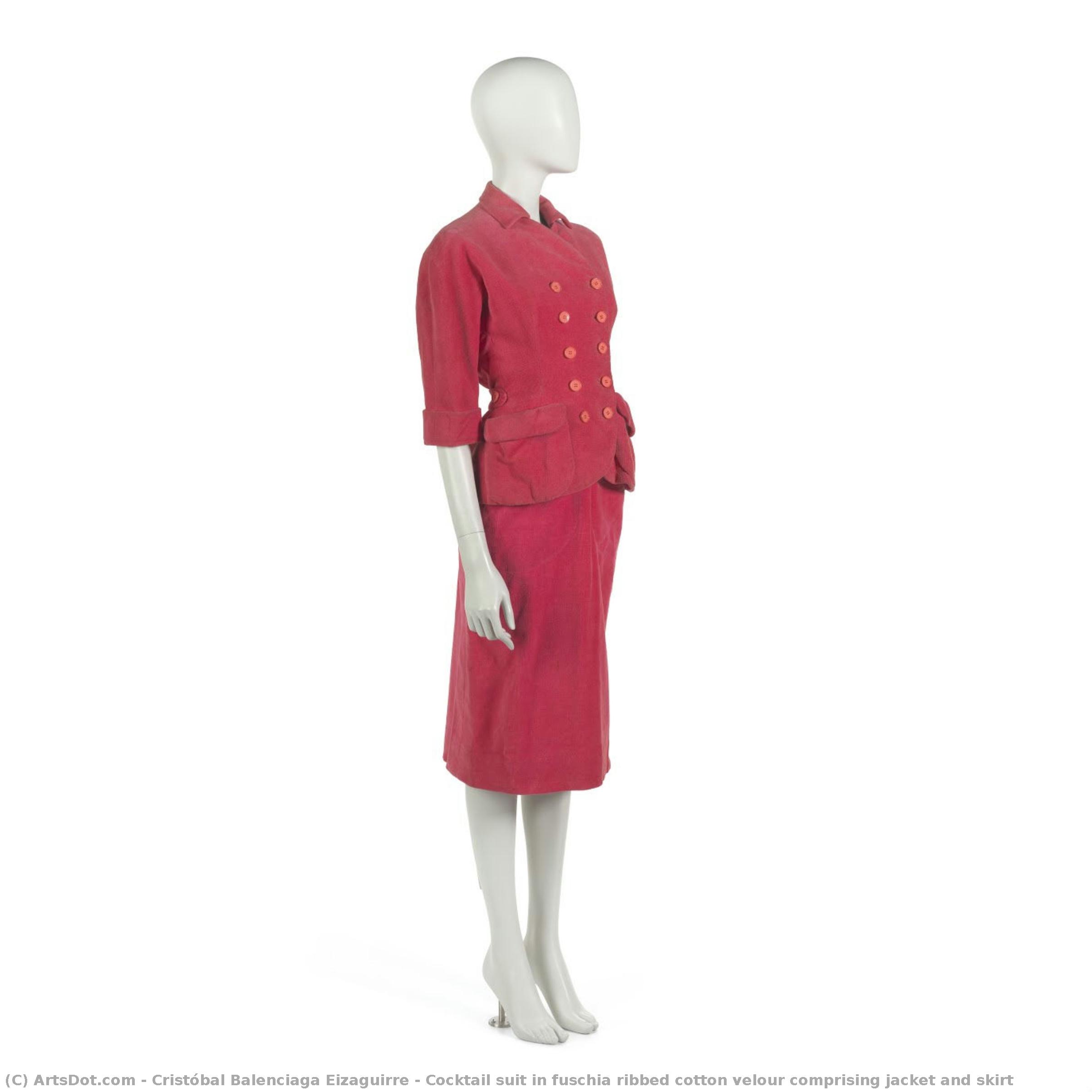 Cocktail Suit In Fuschia Ribbed Cotton Velour Comprising Jacket And Skirt — Cristóbal Balenciaga Eizaguirre