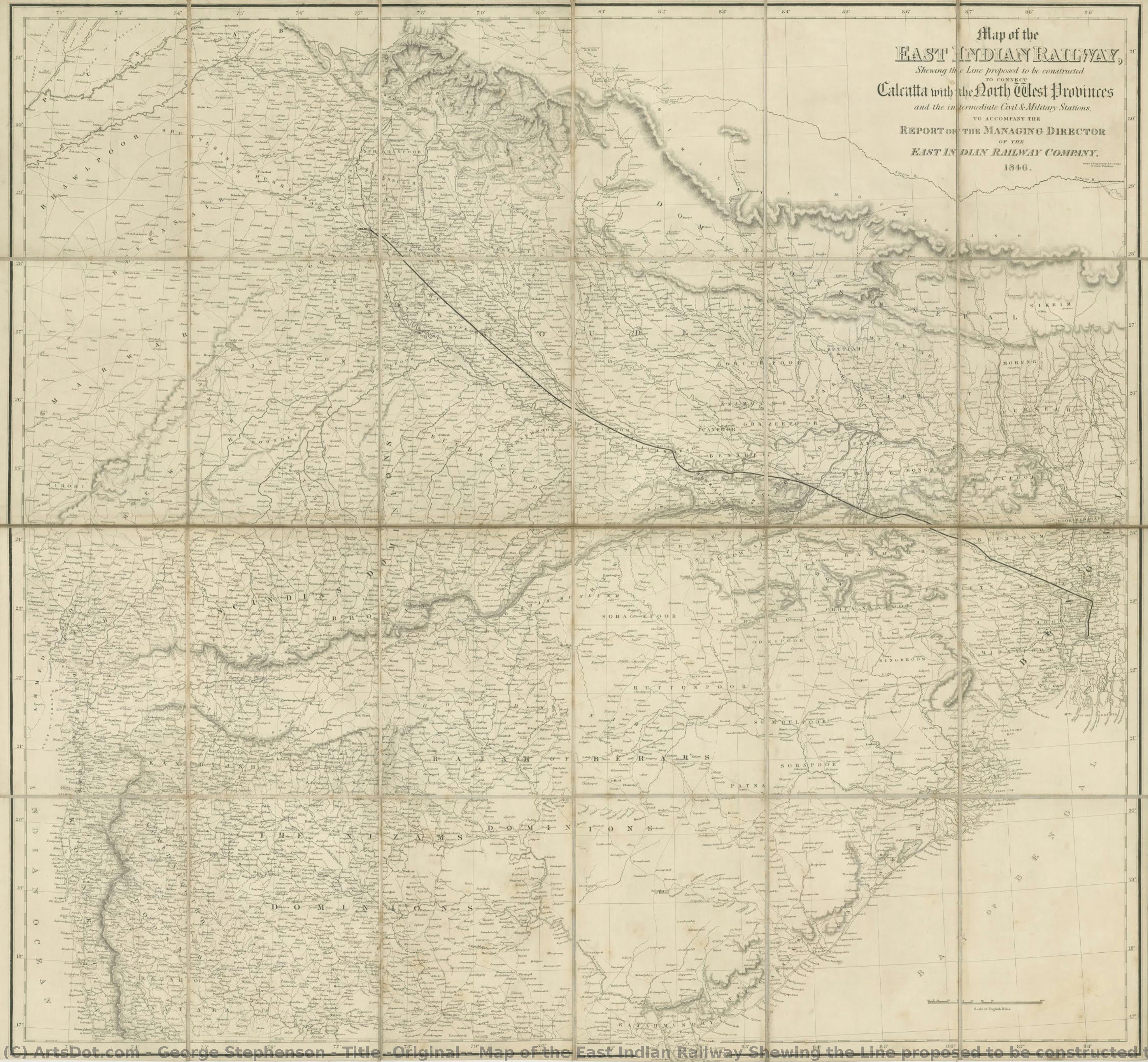 Title (original): Map Of The East Indian Railway Shewing The Line Proposed To Be Constructed To Connect Calcutta With The North West Provinces And The Immediate Civil And Military Stations To Accompany The Report Of The Managing Director Of The East .... — George Stephenson