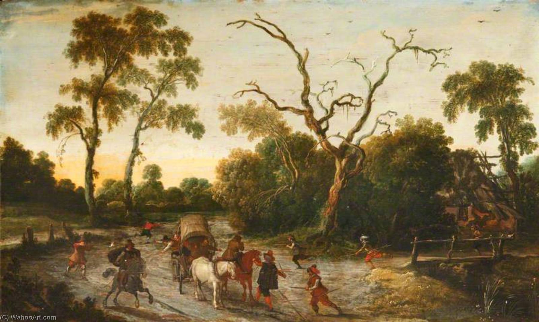 A Wooded Landscape With Armed Men Attacking A Wagon Party — Esaias Van De Velde I