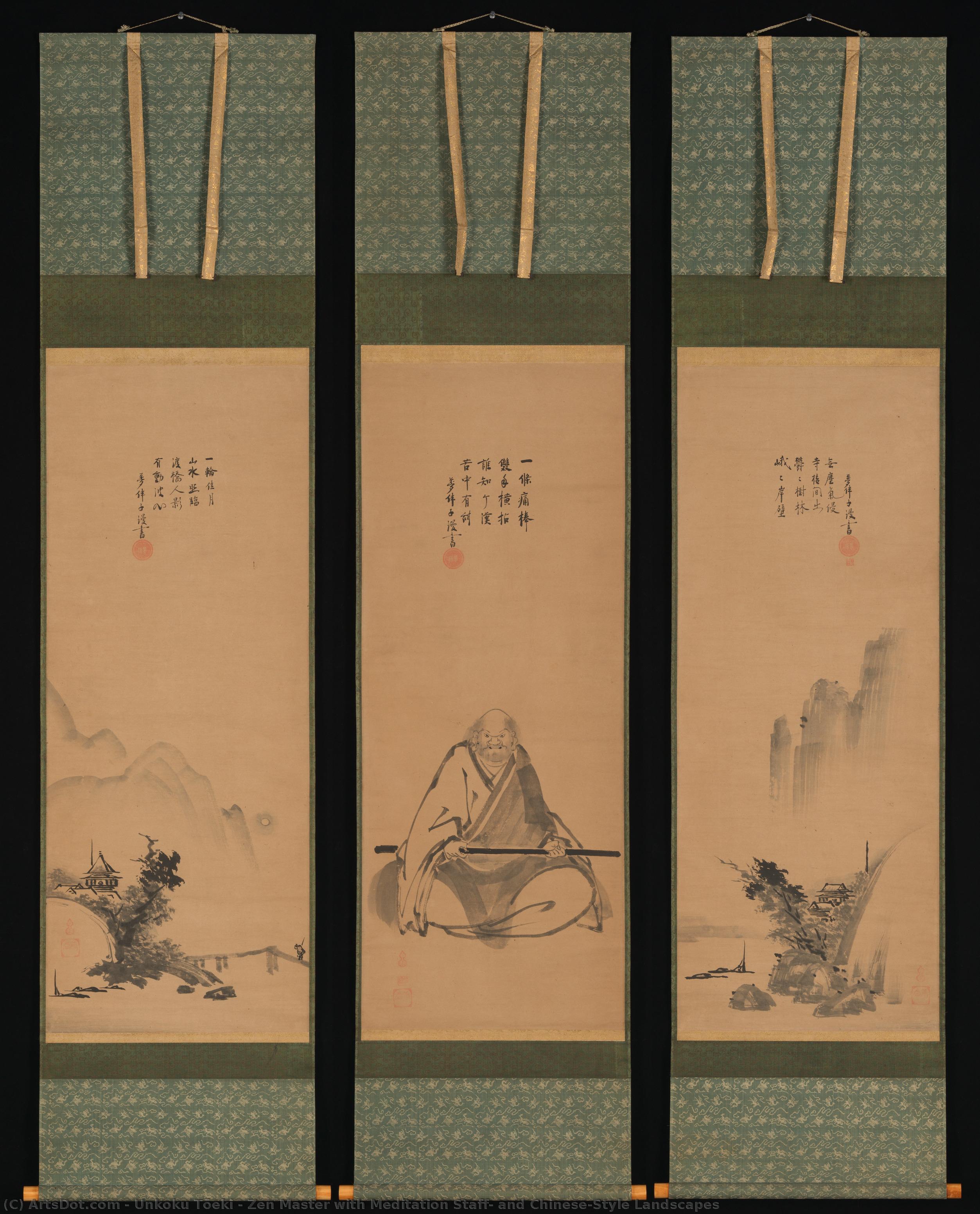 Zen Master With Meditation Staff, And Chinese-style Landscapes — Unkoku Tōeki