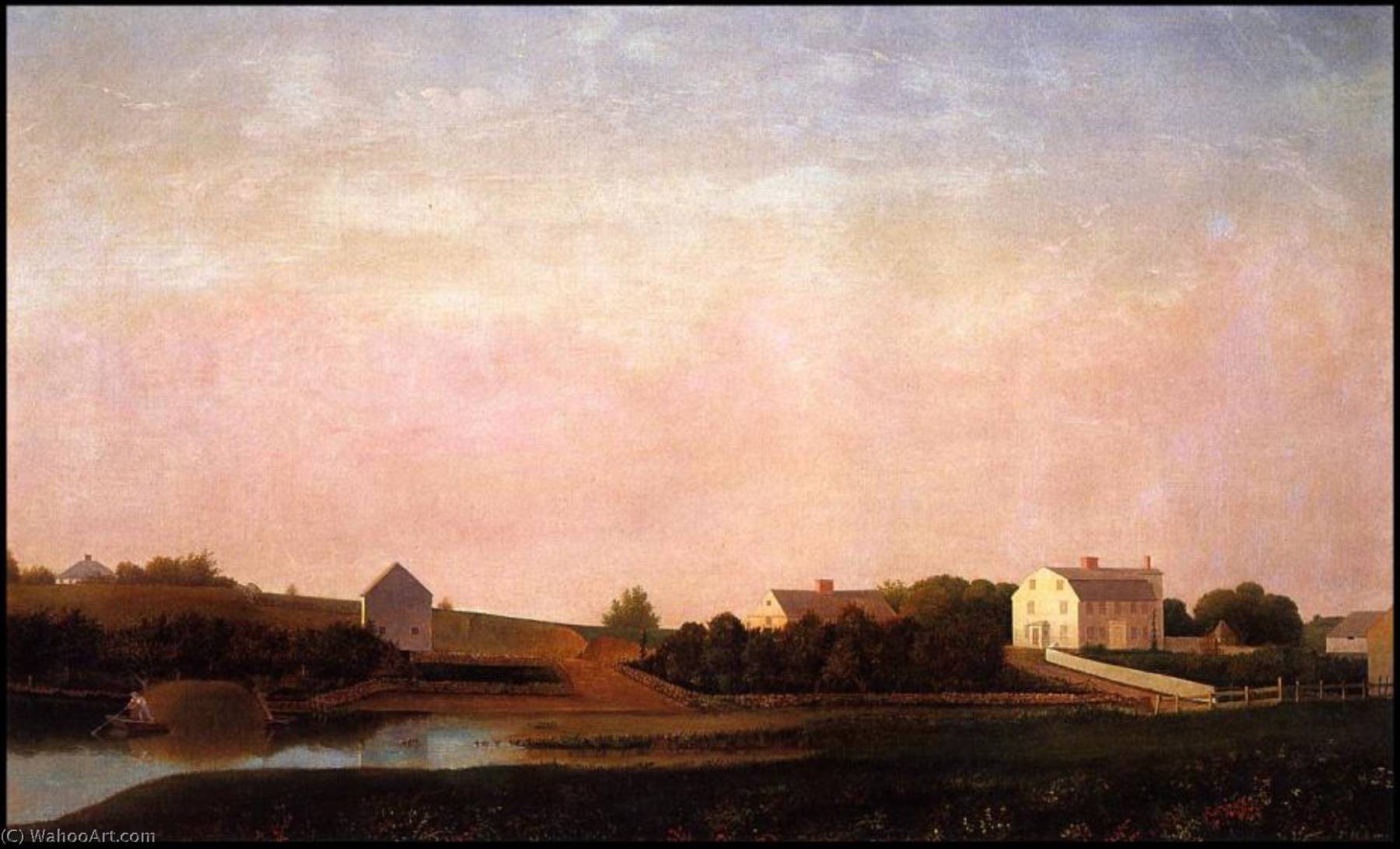 English Fitz Henry Lane Painting Of Babson Alling White Ellery Houses Prior To The Grant Circle Rotary — Fitz Henry Lane