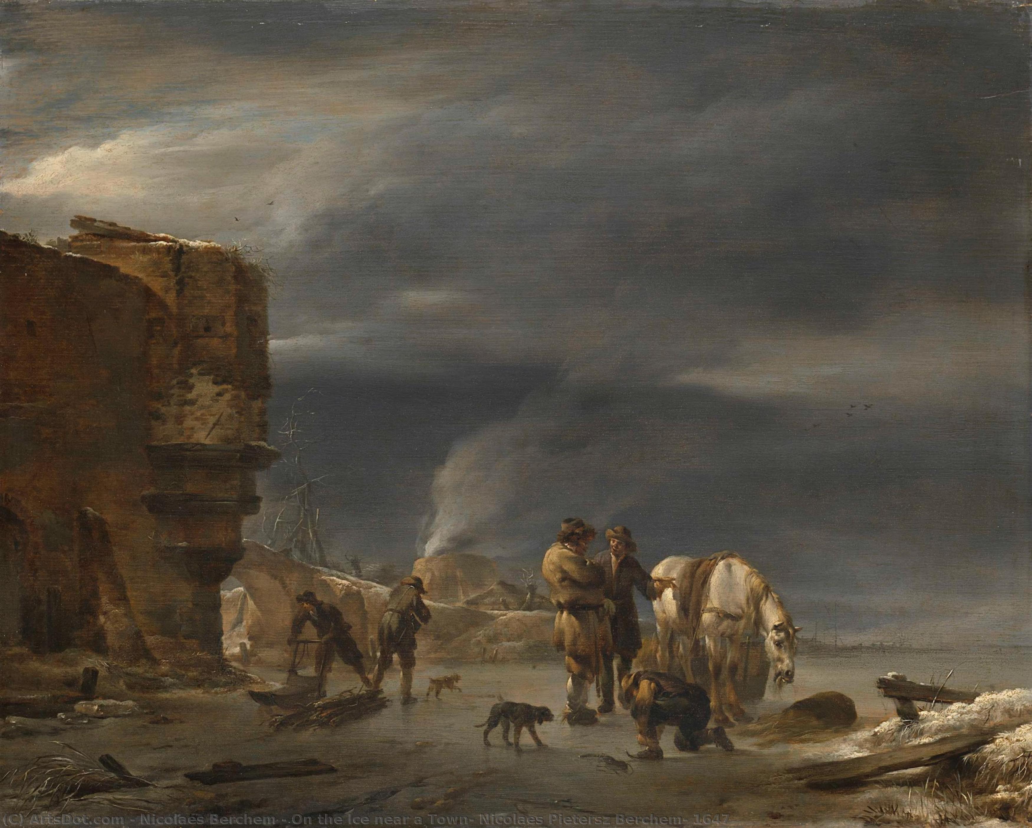 On The Ice Near A Town, Nicolaes Pietersz Berchem, 1647 — Nicolaes Berchem