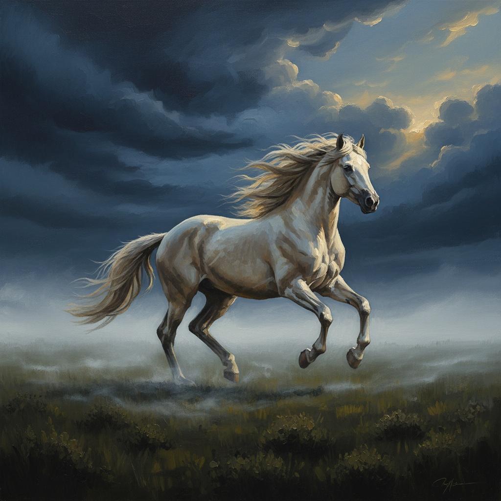 Ewiger Galopp Inmitten Des Indigo-sturms Und Leuchtend Goldener Horizont — Christian Noiret