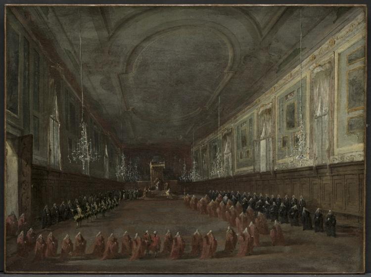 Pope Pius Vi Descending The Throne To Take Leave Of The Doge In The Hall Of Ss. Giovanni E Paolo — Francesco Lazzaro Guardi