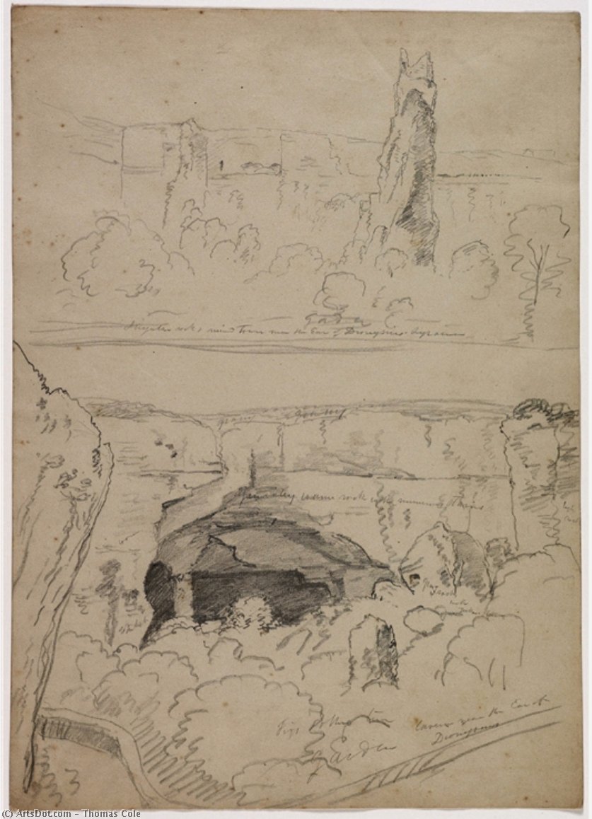 Rock, Tower Ruins And Cavern Near The Ear Of Dionysus, Syracuse, Sicily — Thomas Cole