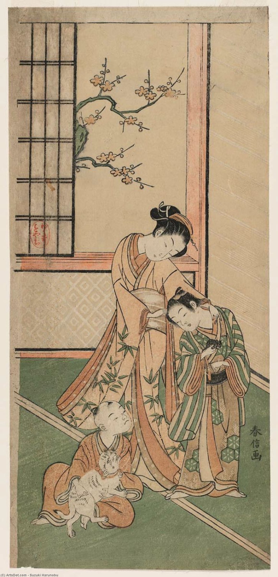 Woman And Two Children With Cat And Pet Mouse — Suzuki Harunobu