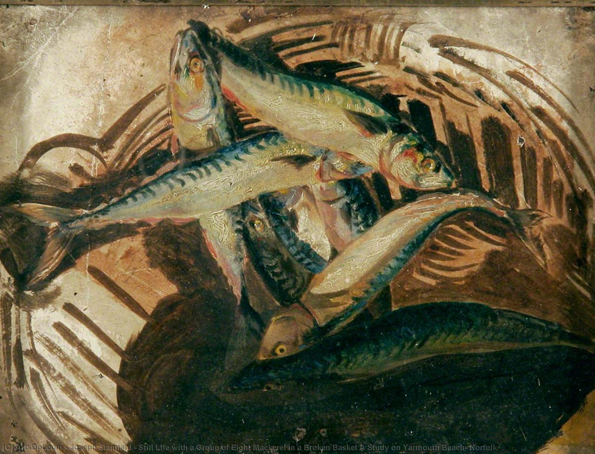 Still Life With A Group Of Eight Mackerel In A Broken Basket A Study On Yarmouth Beach, Norfolk — Joseph Stannard