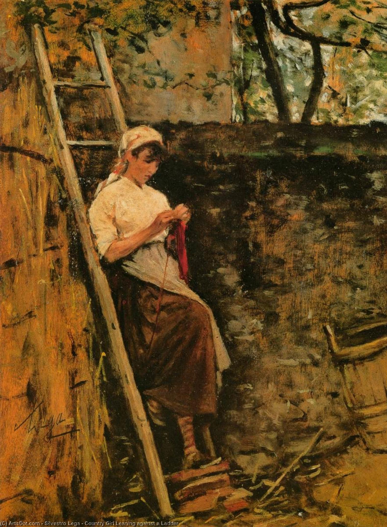 Country Girl Leaning Against A Ladder — Silvestro Lega