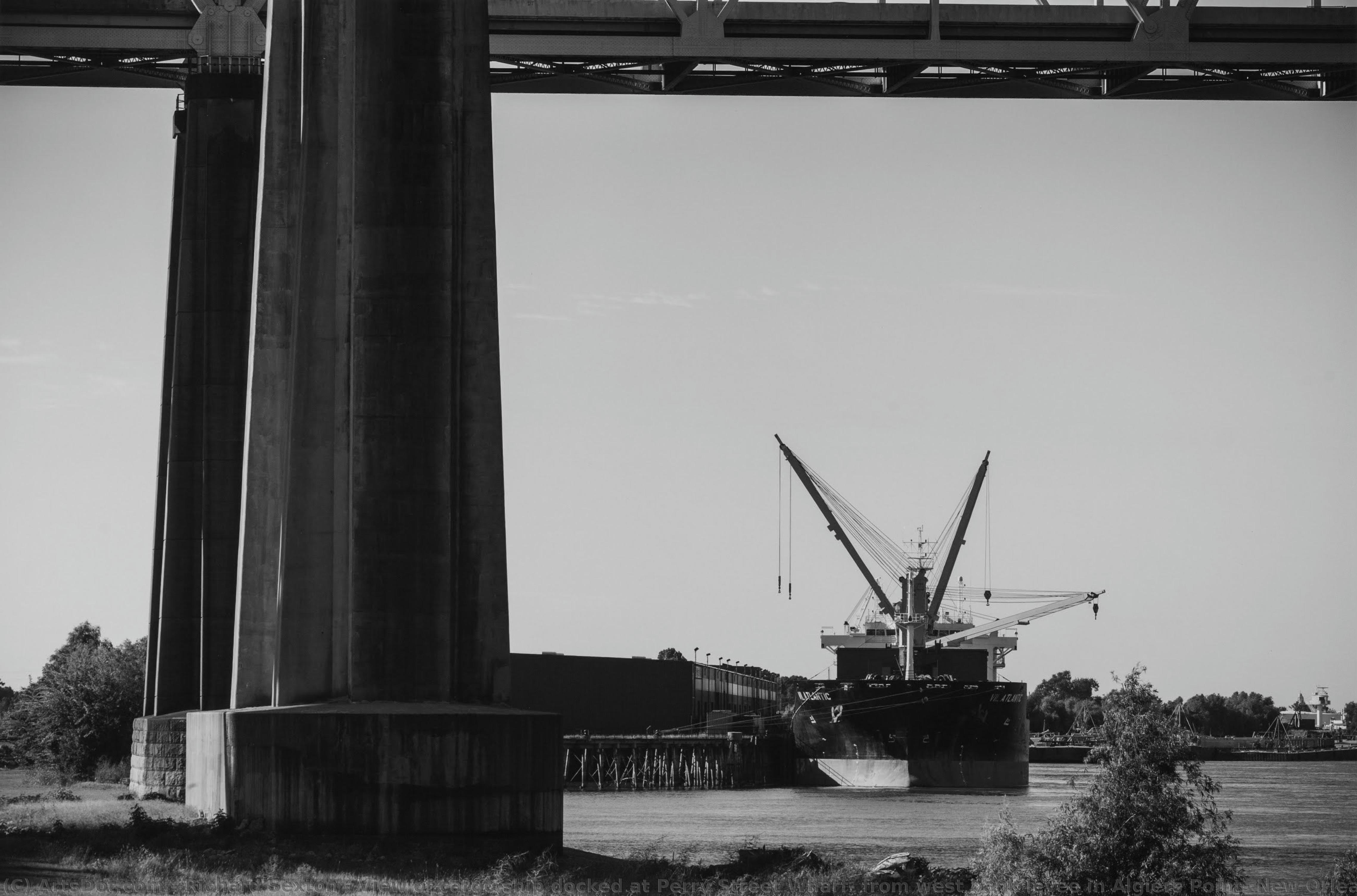 View Of Cargo Ship Docked At Perry Street Wharf; From West Bank Levee In Algiers Point, New Orleans — Ričard Sekston