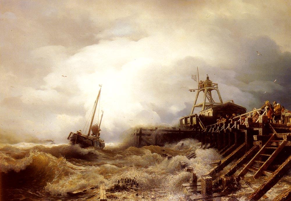 A Fishing Boat Caught In A Squall Off A Jetty — Andreas Achenbach