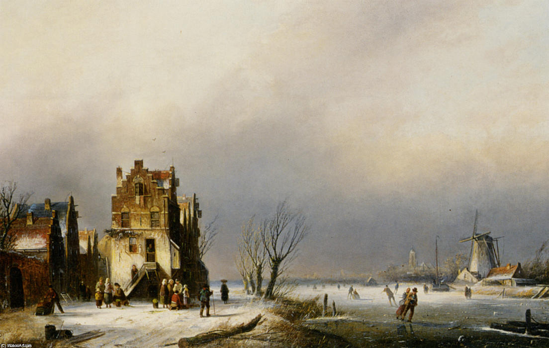 A Winter Landscape With Skaters Near A Village — Jan Jacob Coenraad Spohler