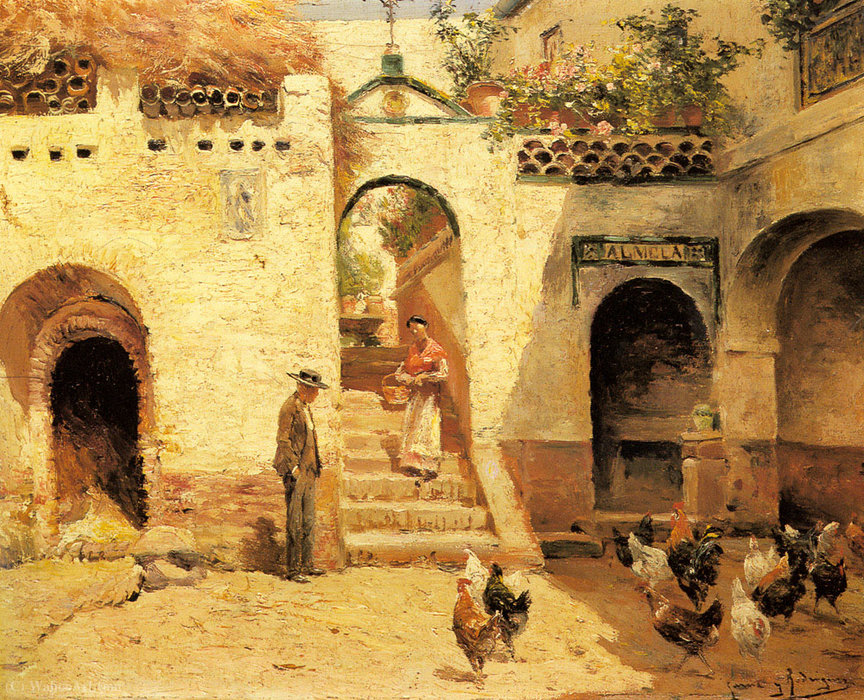 Feeding Poultry In A Courtyard — Manuel García Y Rodríguez