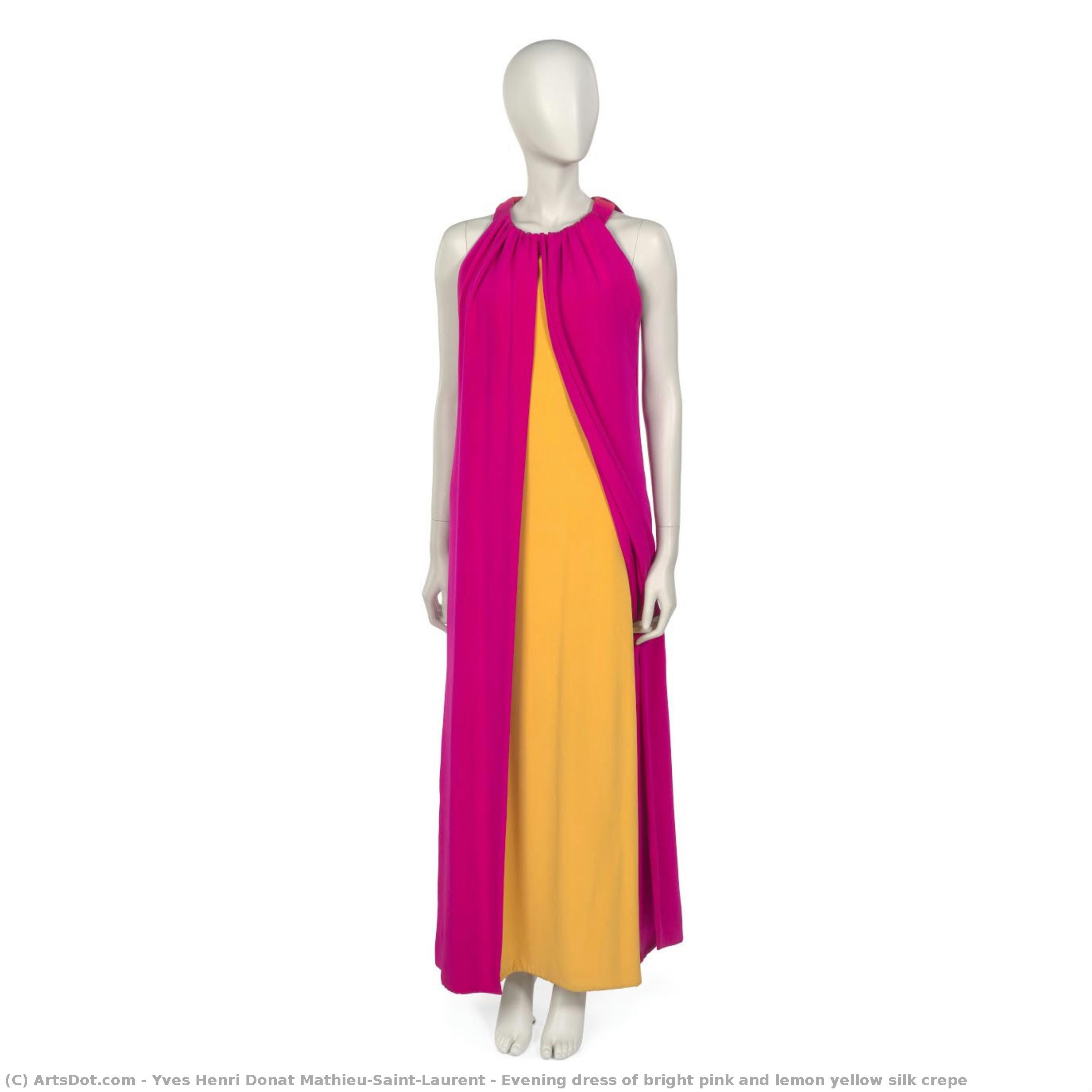 Vestido De Noche De Seda De Crepé En Rosa Vibrante Y Amarillo Limón — Yves Saint Laurent