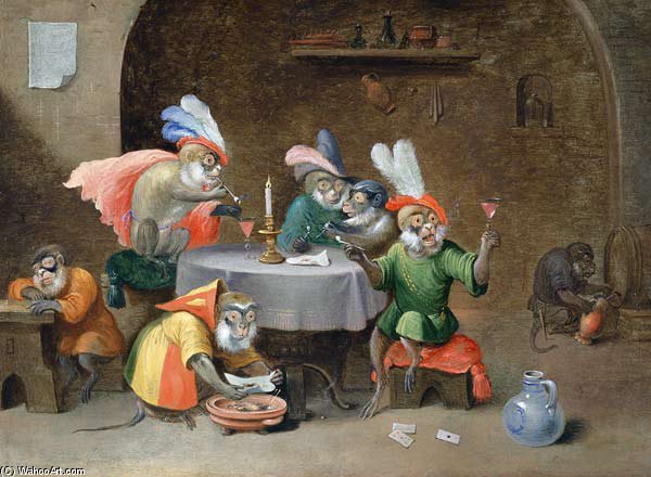 A Tavern Interior With Monkeys Drinking And Smoking — Ferdinand Van Kessel