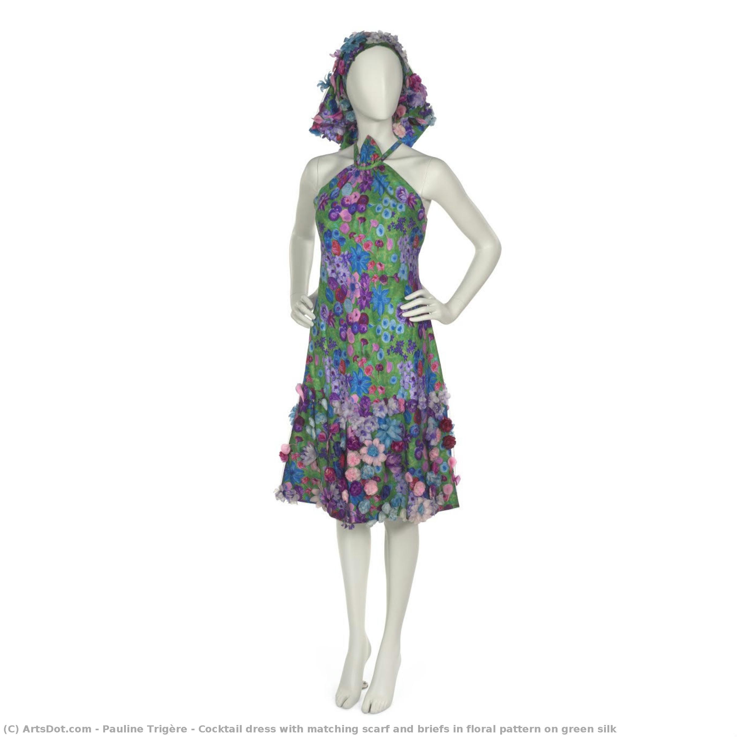 Cocktail Dress With Matching Scarf And Briefs In Floral Pattern On Green Silk — Pauline Trigère