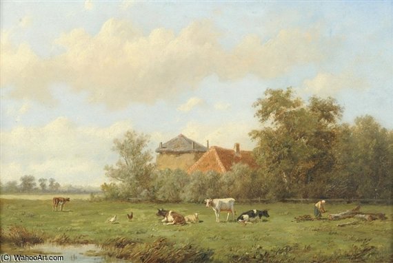 Cattle And Sheep Grazing In A Meadow, A Figure Chopping Wood — Anthonie Jacobus Van Wijngaerdt