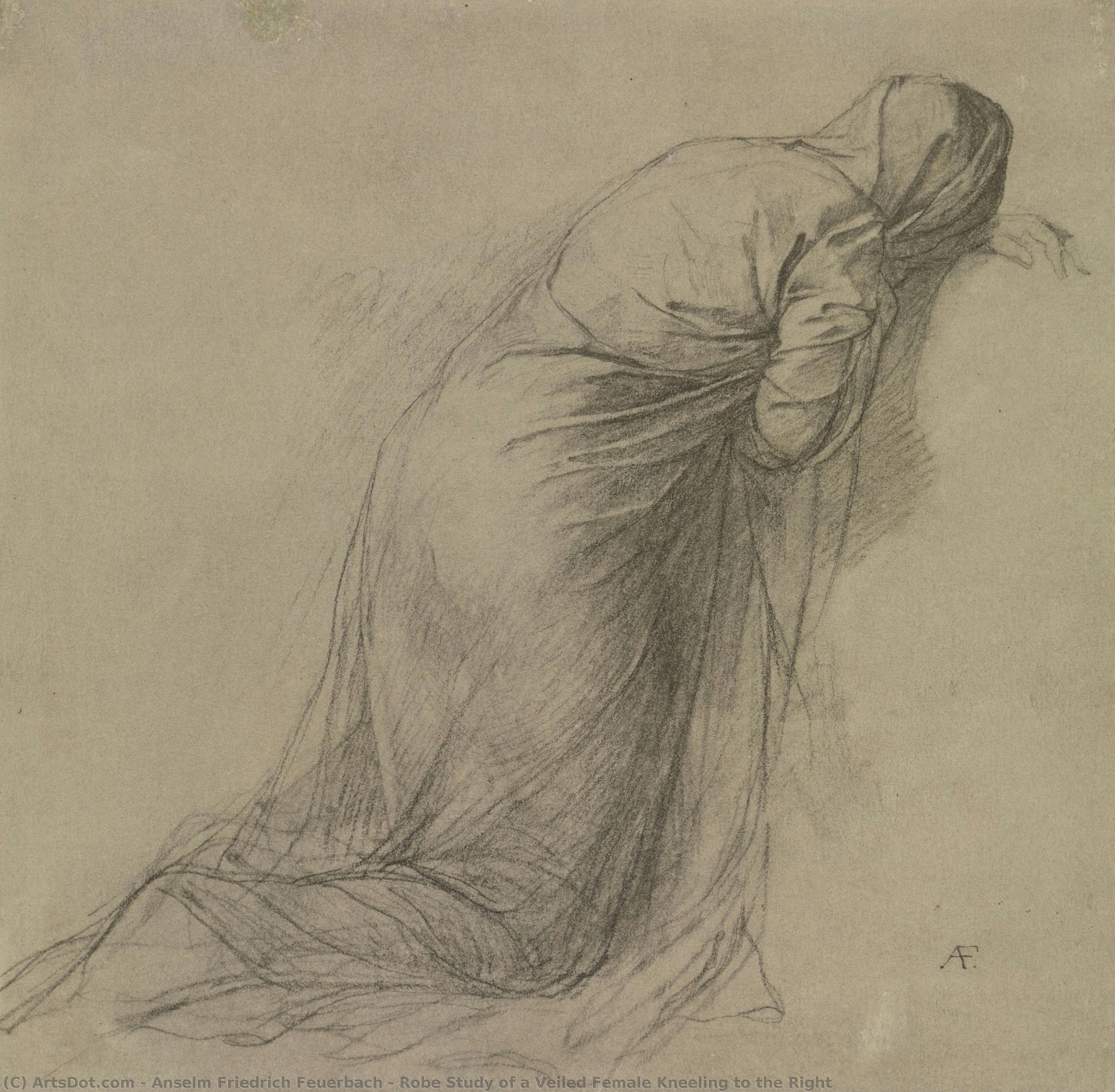 Estudio De Túnica De Una Mujer Velada Arrodillada Hacia La Derecha — Anselm Friedrich Feuerbach