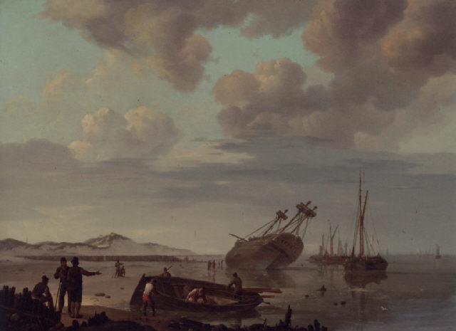 A Beached Three-master With Beachcombers Along The Shore — Johanes Hermanus Barend Koke