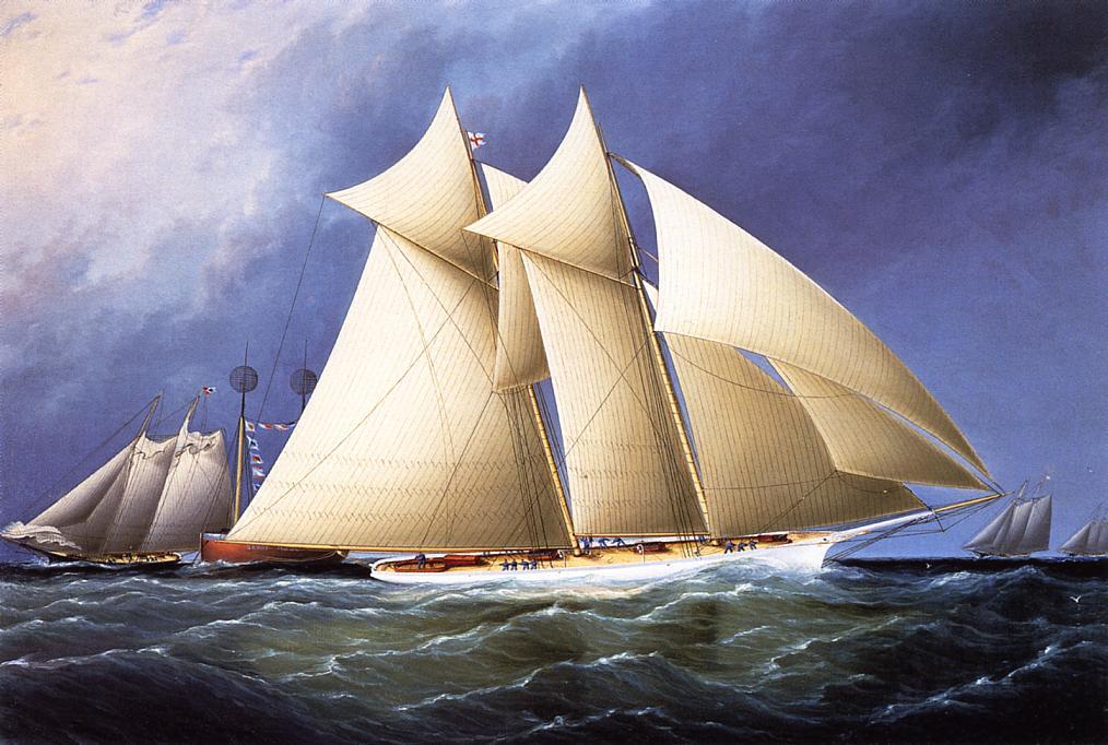 New York Yacht Club Schooner 'columbia' Leading New York Yacht Club Schooner 'dauntless' Rounding Sandy Hook Lightship In The Hurricane Cup Race — James Edward Buttersworth