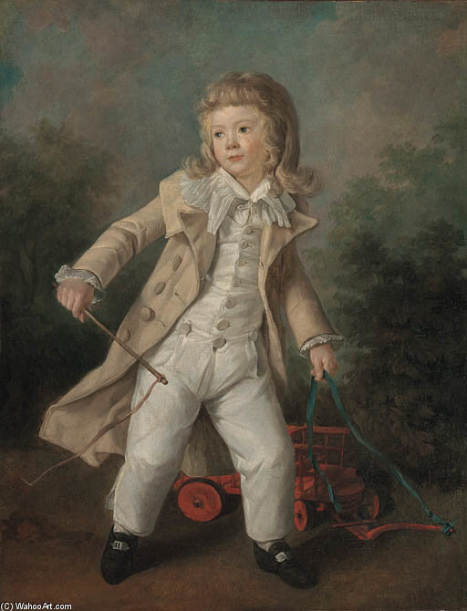 Portrait Of A Boy, Full Length In A Landscape, Wearing White Trousers And Shirt With A Brown Coat, Holding A Horsewhip And A Toy-cart — Henri Pierre Danloux