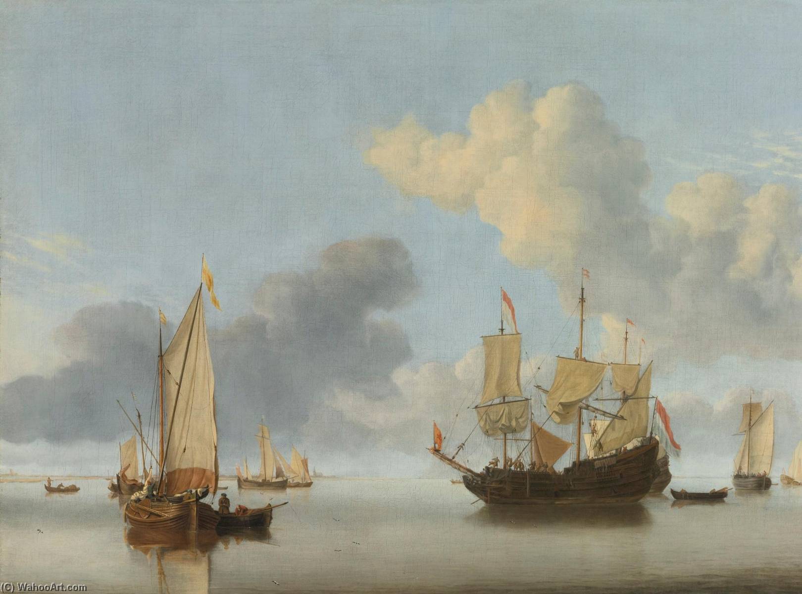 A Dutch Ship At Anchor Drying Sails And A Kaag Under Sail — Willem Van De Velde The Younger