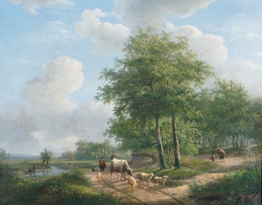 Walking Along A Sunlit Path In The Countryside — Andreas Schelfhout