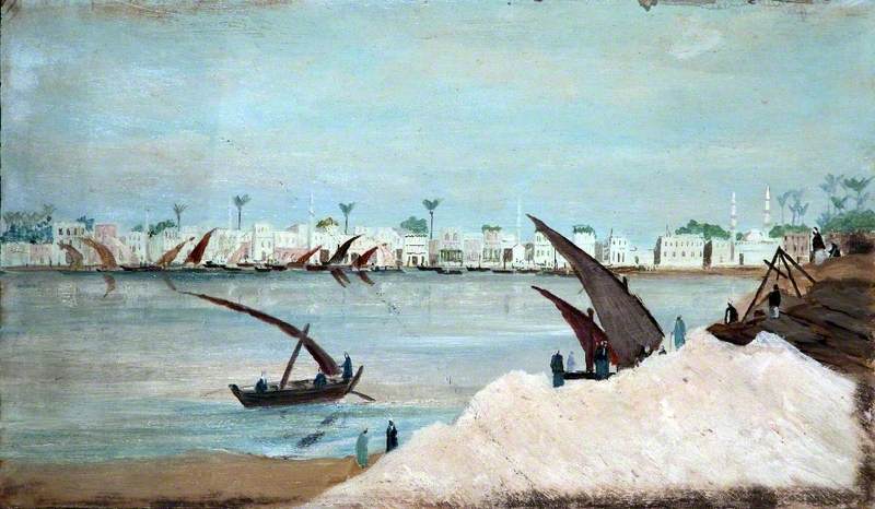Landscape With A Riverbank Town, Boats And Figures (probably The Nile) — Caroline Emily Gray Hill