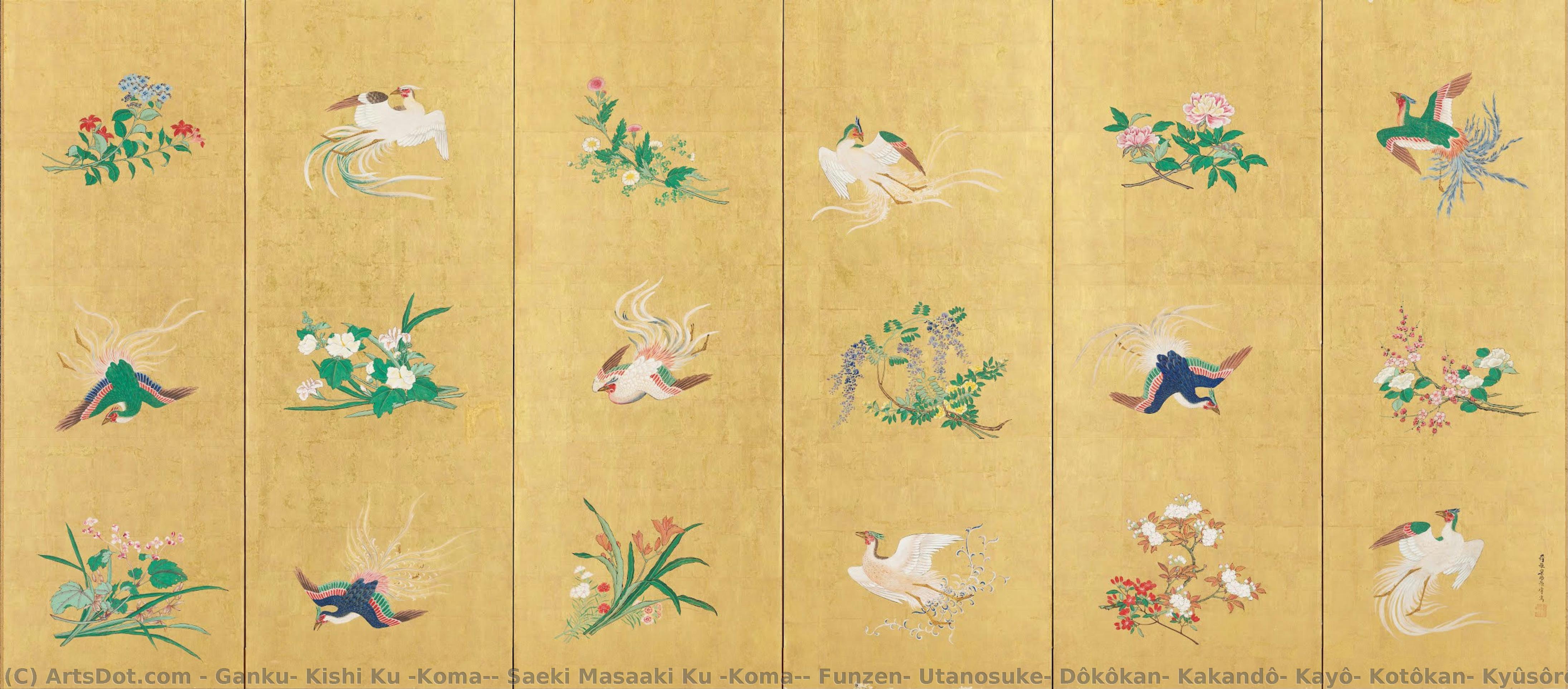 Flowers And Birds\n\n－ Right — Ganku, Kishi Ku (koma), Saeki Masaaki Ku (koma), Funzen, Utanosuke, Dôkôkan, Kakandô, Kayô, Kotôkan, Kyûsôrô, Tansai, Tenkaikutsu