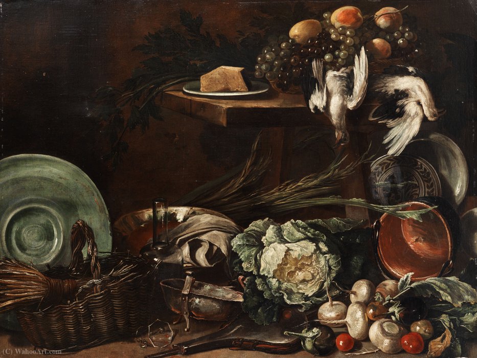 Great Kitchen Still Life With Vegetables, Plate, Trash, Dead Poultry And Uvade — Giuseppe Recco