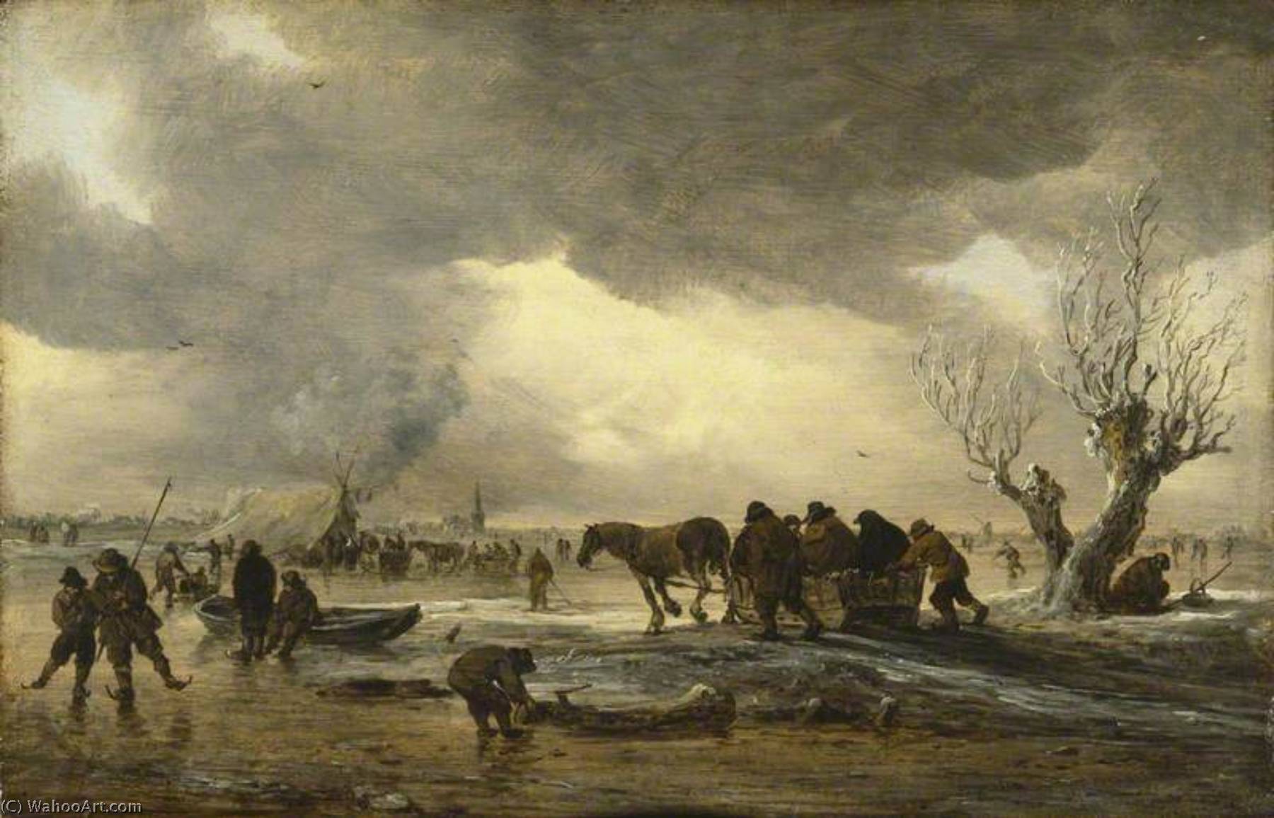 Winter Scene With A Sledge In The Foreground And Figures Gathering Round A Tent On The Ice — Jan Josephszoon Van Goyen