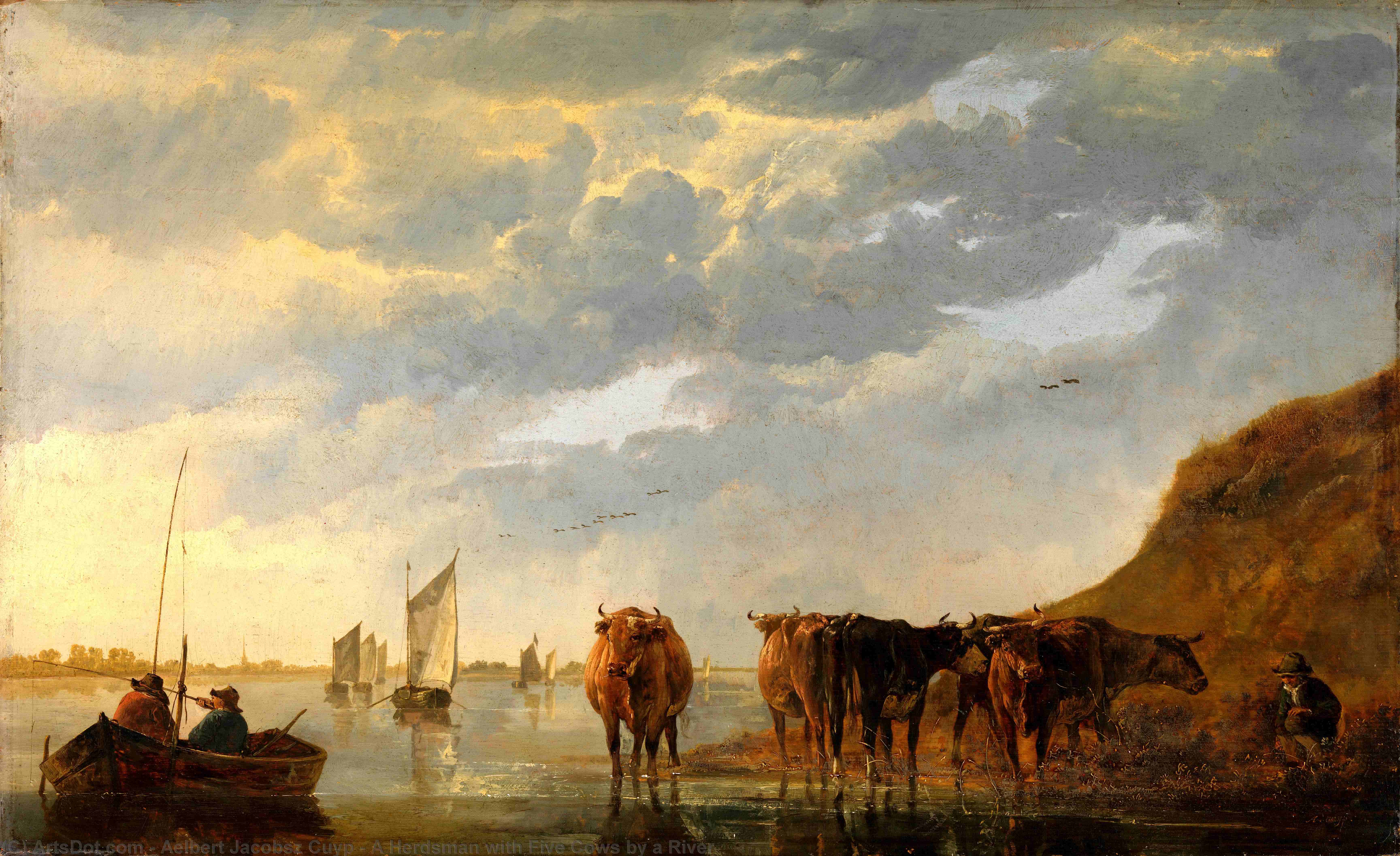 A Herdsman With Five Cows By A River — Aelbert Jacobszoon Cuyp