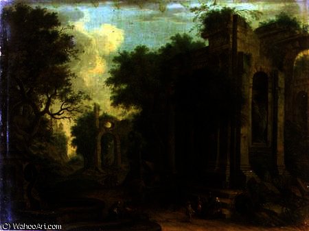 Wooded Landscape With Travellers Resting By Classical Ruins (one Of A Pair) — Balthasar Beschey