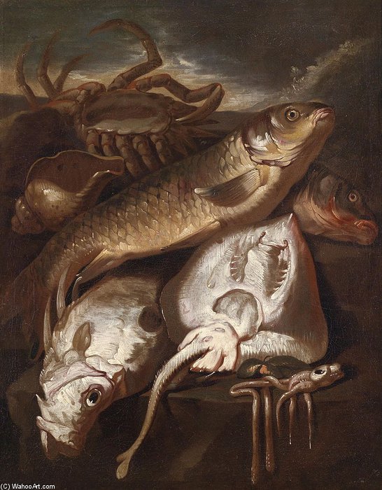 Fischstillleben, Ol Auf Leinwand — Giacomo Francesco Cipper