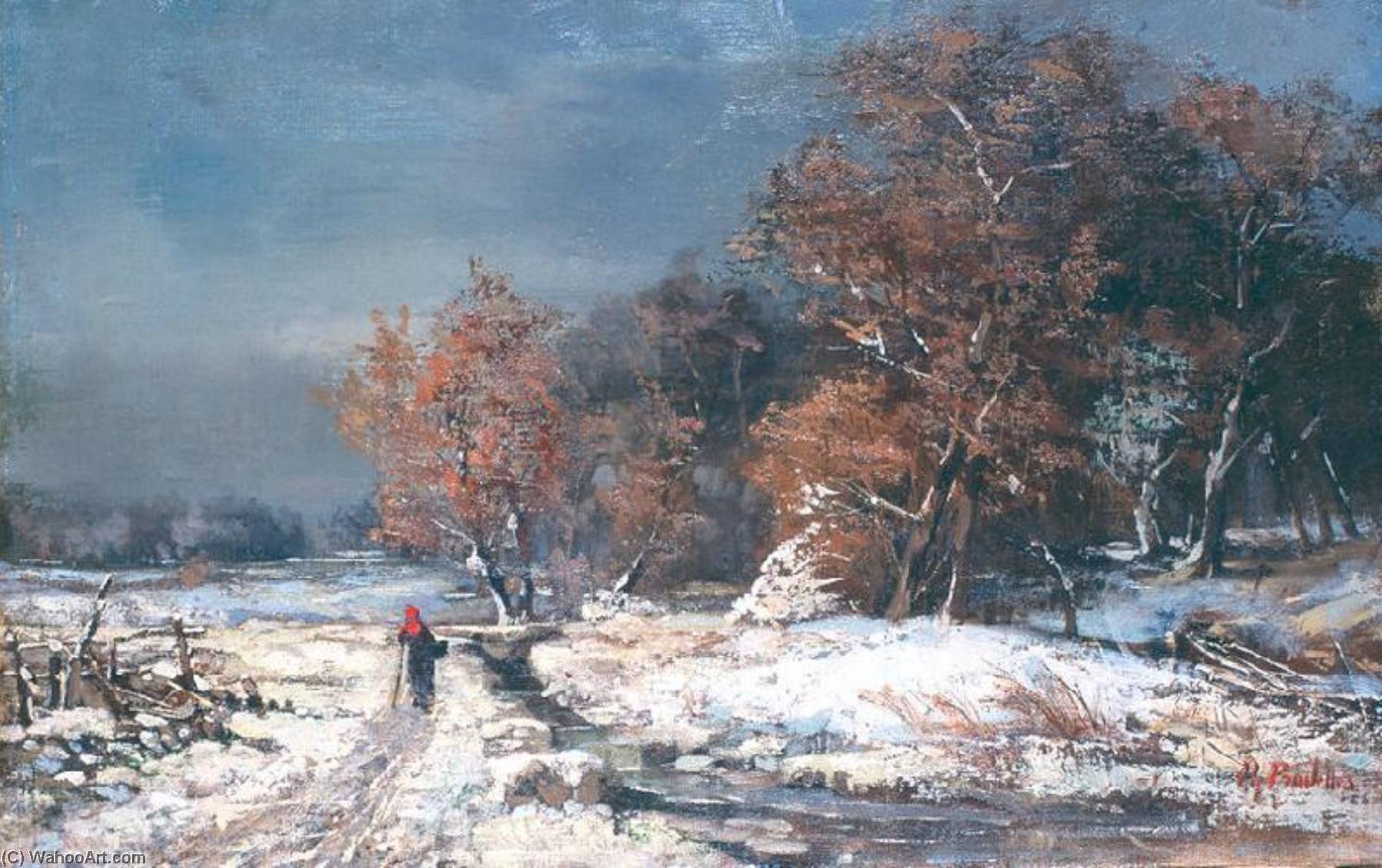 Paysage De Neige Avec Enfant Au Bonnet Rouge — Hippolyte Pradelles