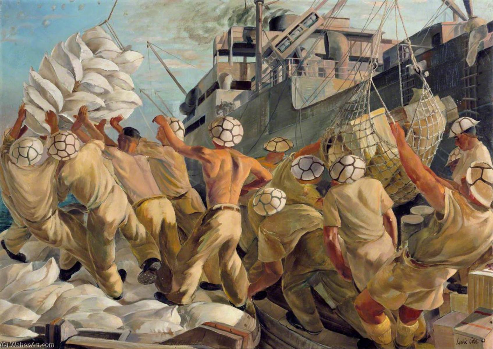 Malta No Time To Lose, Soldier Dockers Unloading A Convoy During A Raid — Leslie Cole