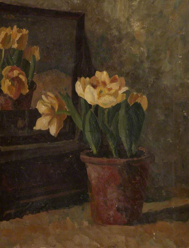 Still Life Of Yellow Tulips In A Terracotta Pot In Front Of A Mirror — Margaret Frances Anne Vane-tempest-stewart