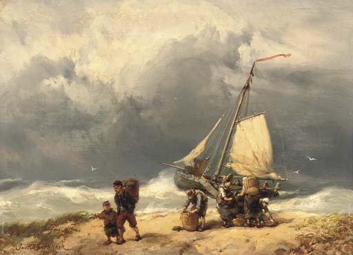 Fisherfolk On A Windswept Beach — Hermanus Koekkoek (the Elder)