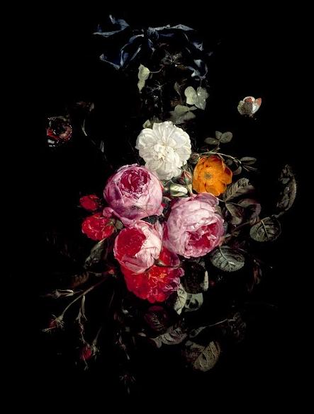 Garland Of Roses With Blue Silk Bow, Butterflies And Insects — Christiaen Luyckx
