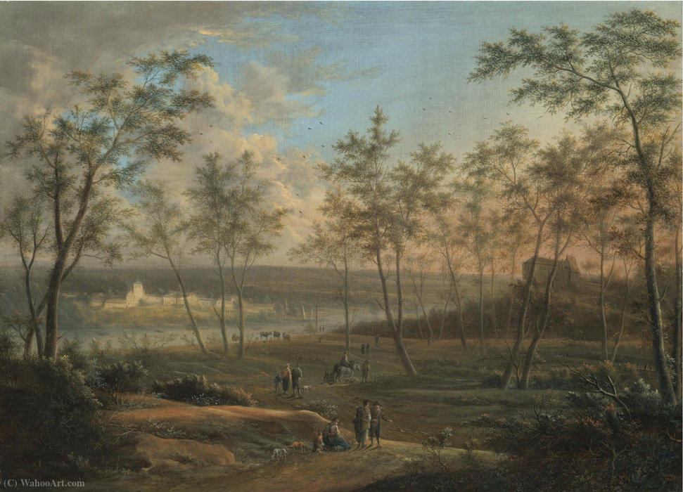 A Wooded River Landscape With Travellers On A Path, An Abbey Beyond — Johann Christian Vollerdt Or Vollaert