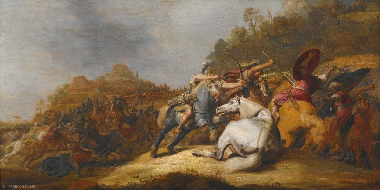 A Battle On Horseback With Armored Soldiers And Soldiers Wearing Turbans, In A Landscape — Gerrit Claesz Bleker