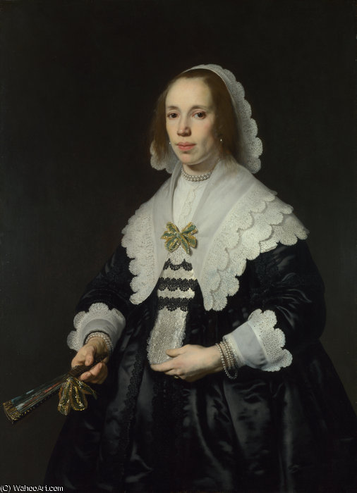 Portrait Of A Lady In Black Satin With A Fan — Bartholomeus Van Der Helst