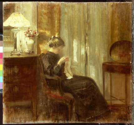 A Woman Sewing In An Interior — Carl Vilhelm Holsoe