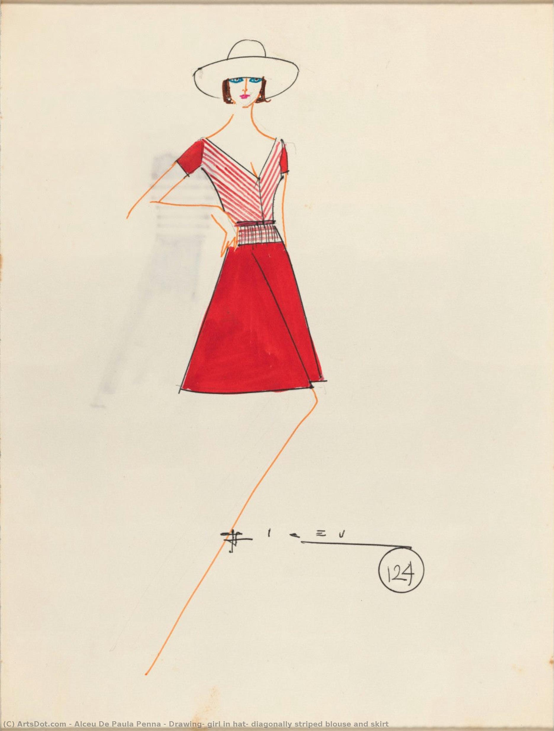 Drawing, Girl In Hat, Diagonally Striped Blouse And Skirt — Alceu De Paula Penna