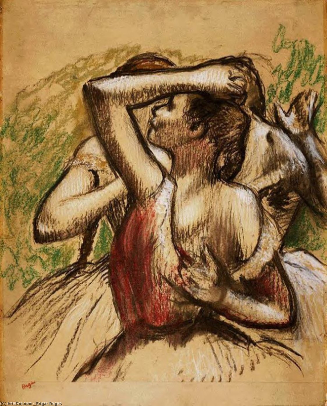 Three Ballet Dancers, One With Dark Crimson Waist — Edgar Degas