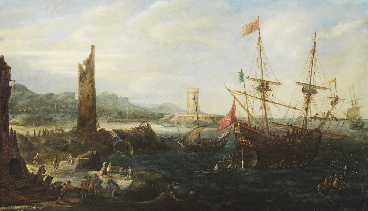 Coastal Landscape With Warship Under Papal Flag And A Dutch Sloop — Andries Van Eertvelt