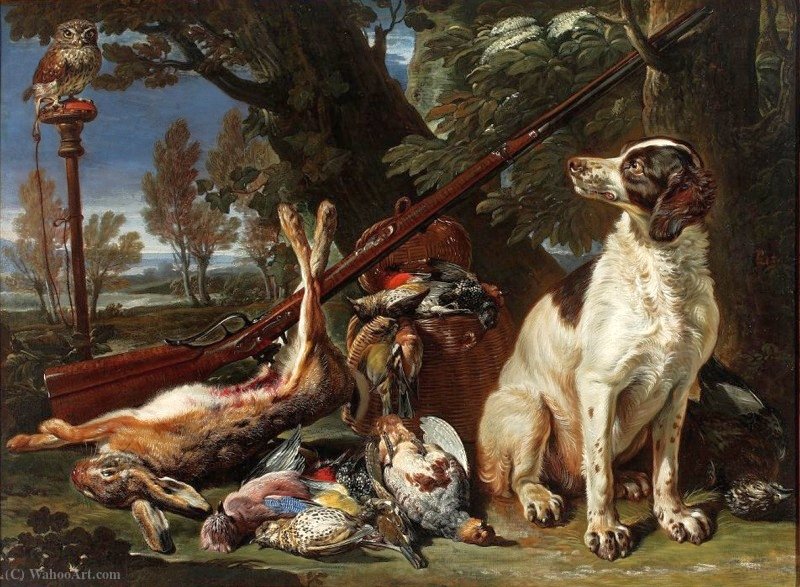 The Hunter's Trophy With A Dog And An Owl. — David De Coninck
